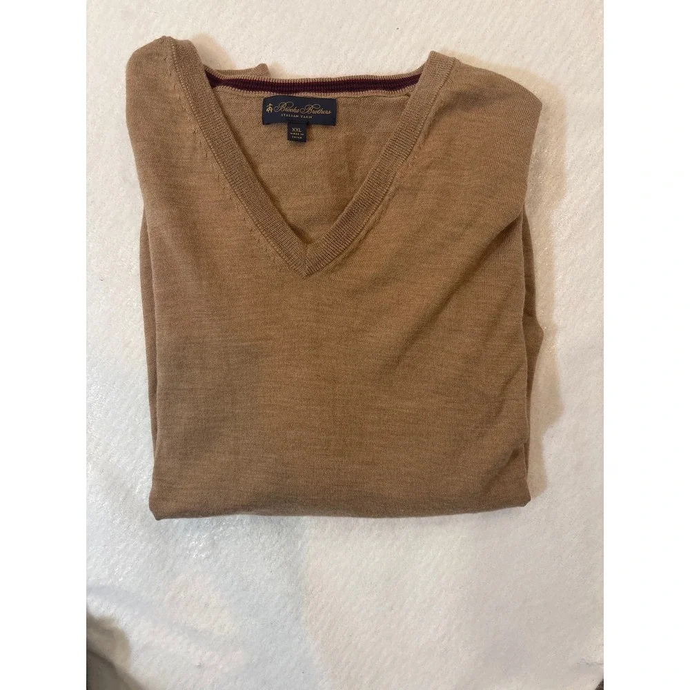 Brooks‎ Brothers Mens XXL Merino Wool V-Neck Sweater Camel Tan Italian Yarn